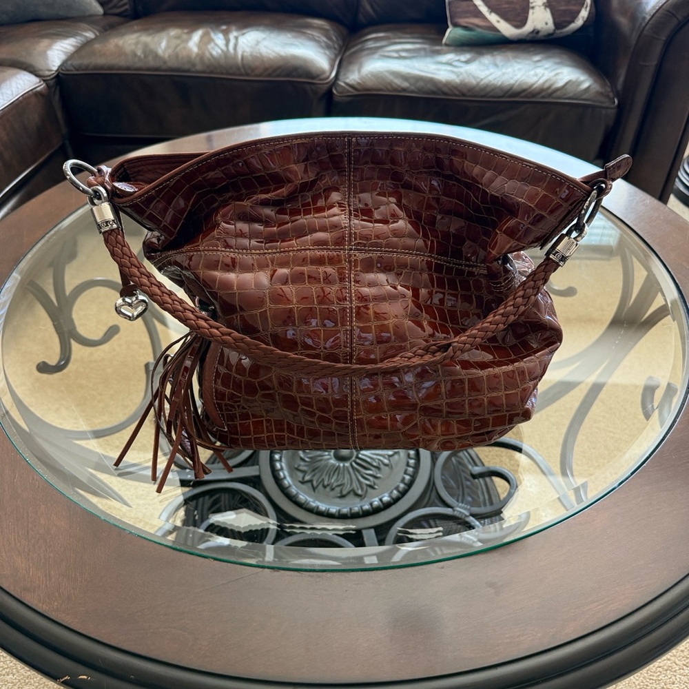 Brighton Cher Muse XLG Quilted Brown Patent Leather  Croc Purse RARE